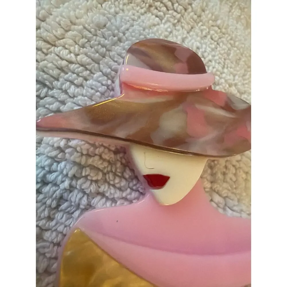 Vintage Pink Lucite Lady Brooch Wide Brim Hat Figural Pin Art Deco Style 2.5